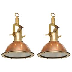 Pair of Copper and Brass Mid-Century Ship's Deck Lights