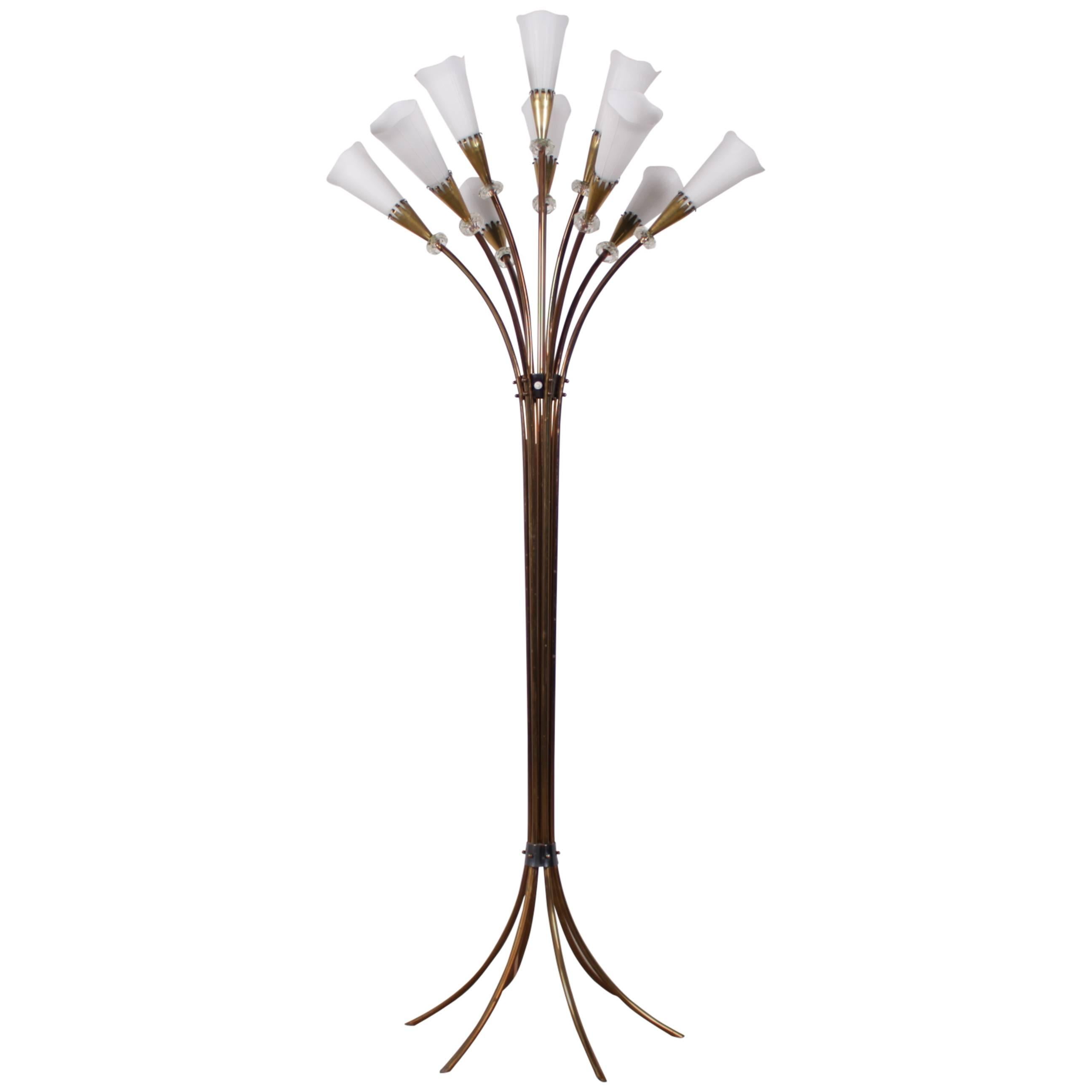 10 Light French Brass Flower Floor Lamp by Maison Lunel  For Sale