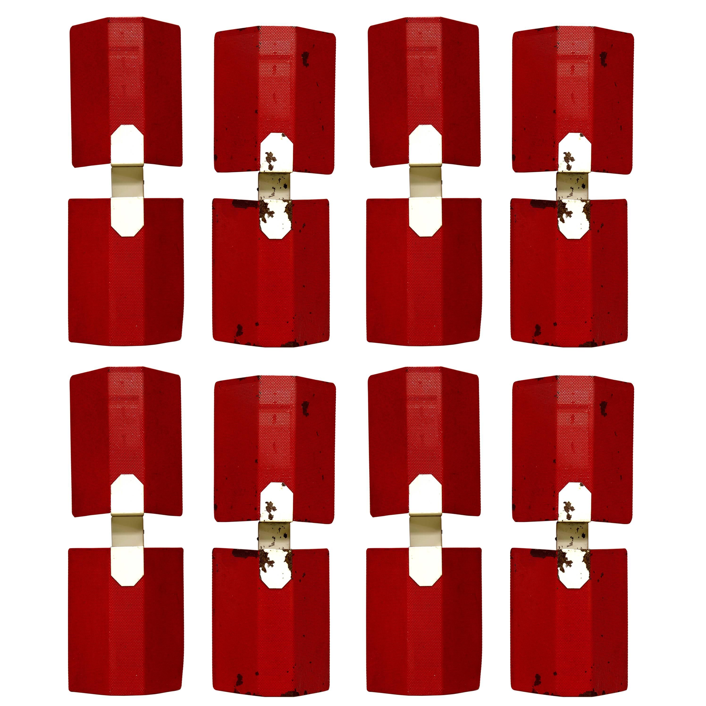 Set of Nine Red and White Perforated Metal Sconces, France, 1950s For Sale