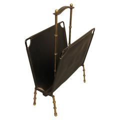 1950s Jacques Adnet Leather and Brass Magazine Rack 