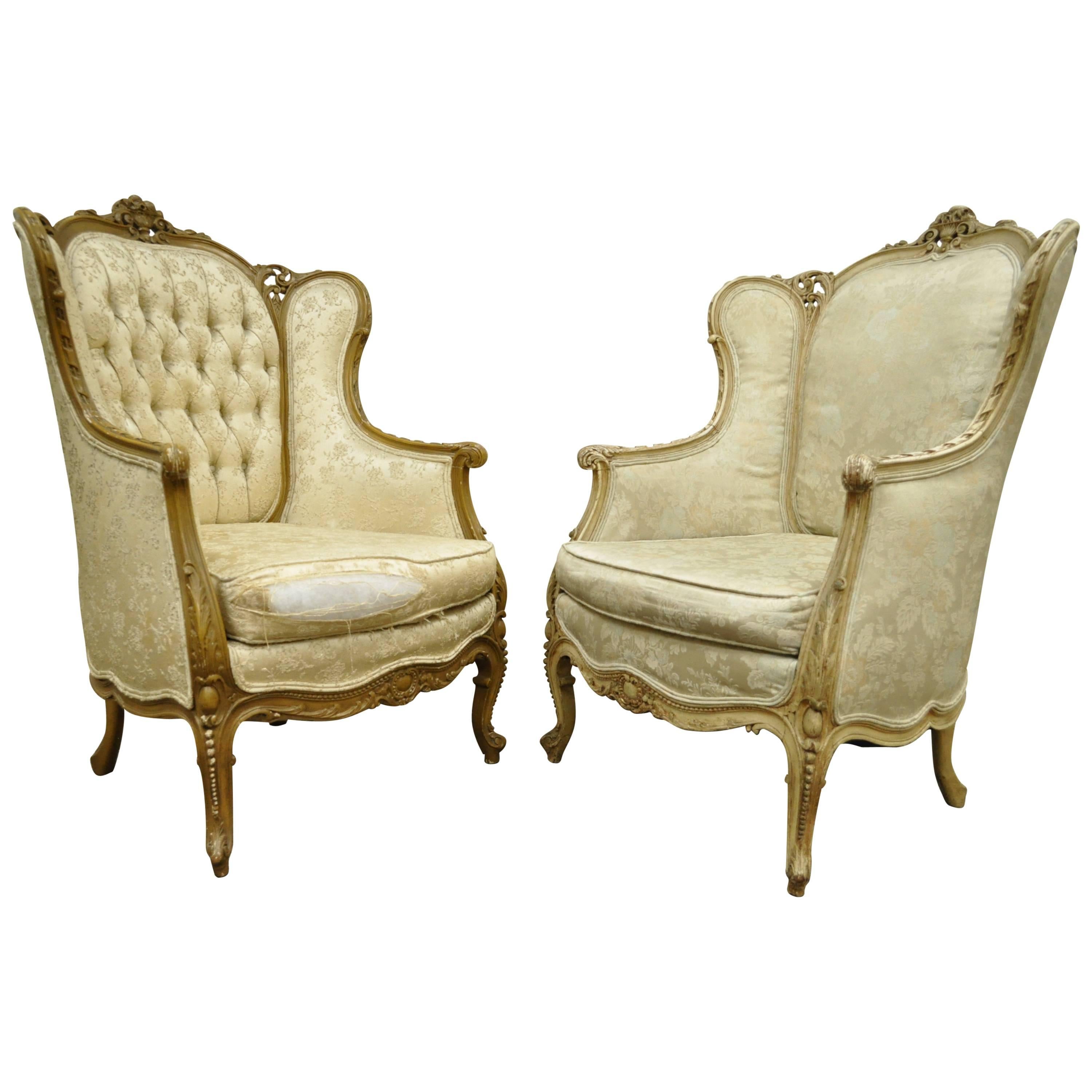 Pair of 1930's French Louis XV Style Carved Wingback Bergere Armchairs