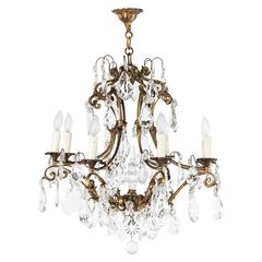 Large Mid-Century French Crystal and Bronze Chandelier with Eight Lights