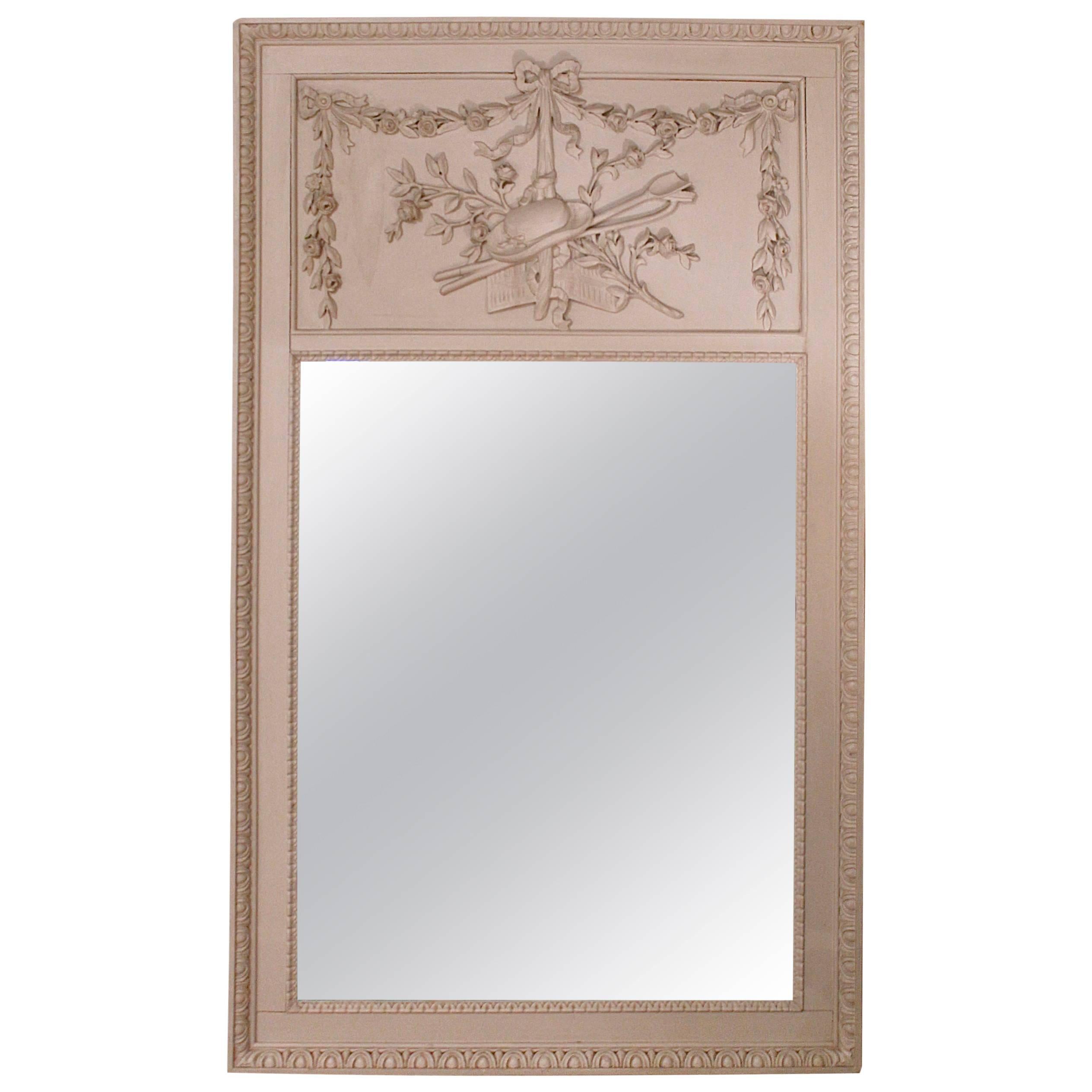 Grey Painted Louis XVI Style Trumeau Mirror For Sale