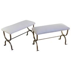 Pair of Spanish 1940's Gilt Iron Benches with Upholstered Seats