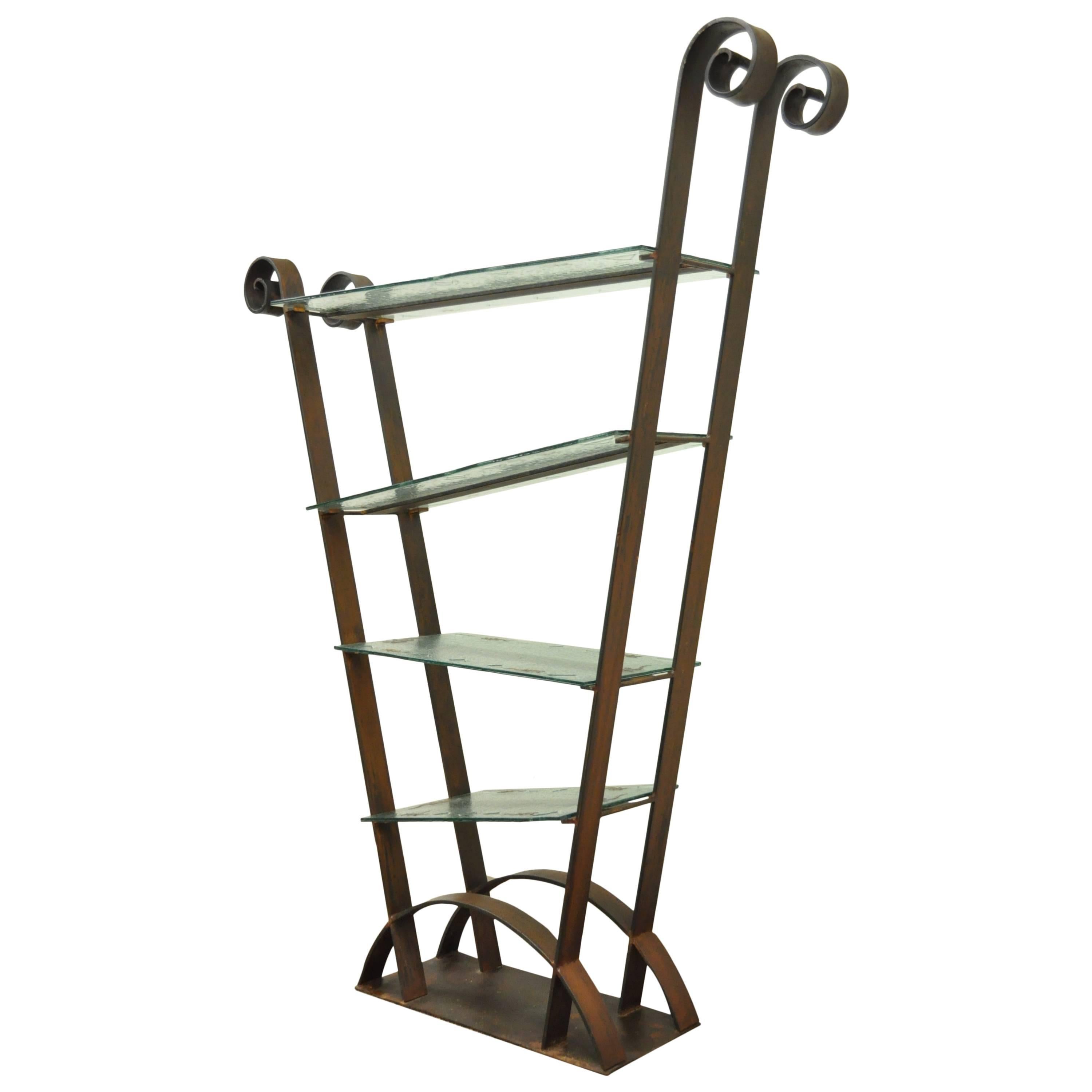 Mid-Century Modern Sculptural Artisan Crafted Iron & Glass Ètagerè or Bookshelf For Sale