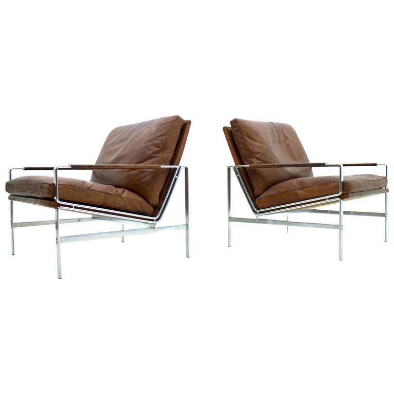 Pair of Leather and Steel Lounge Chairs by Fabricius and Kastholm FK