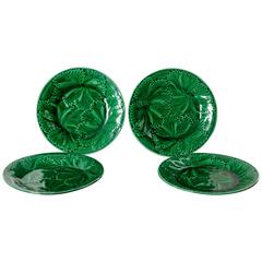 Four French Green Majolica Leaf Pattern Salad Plates