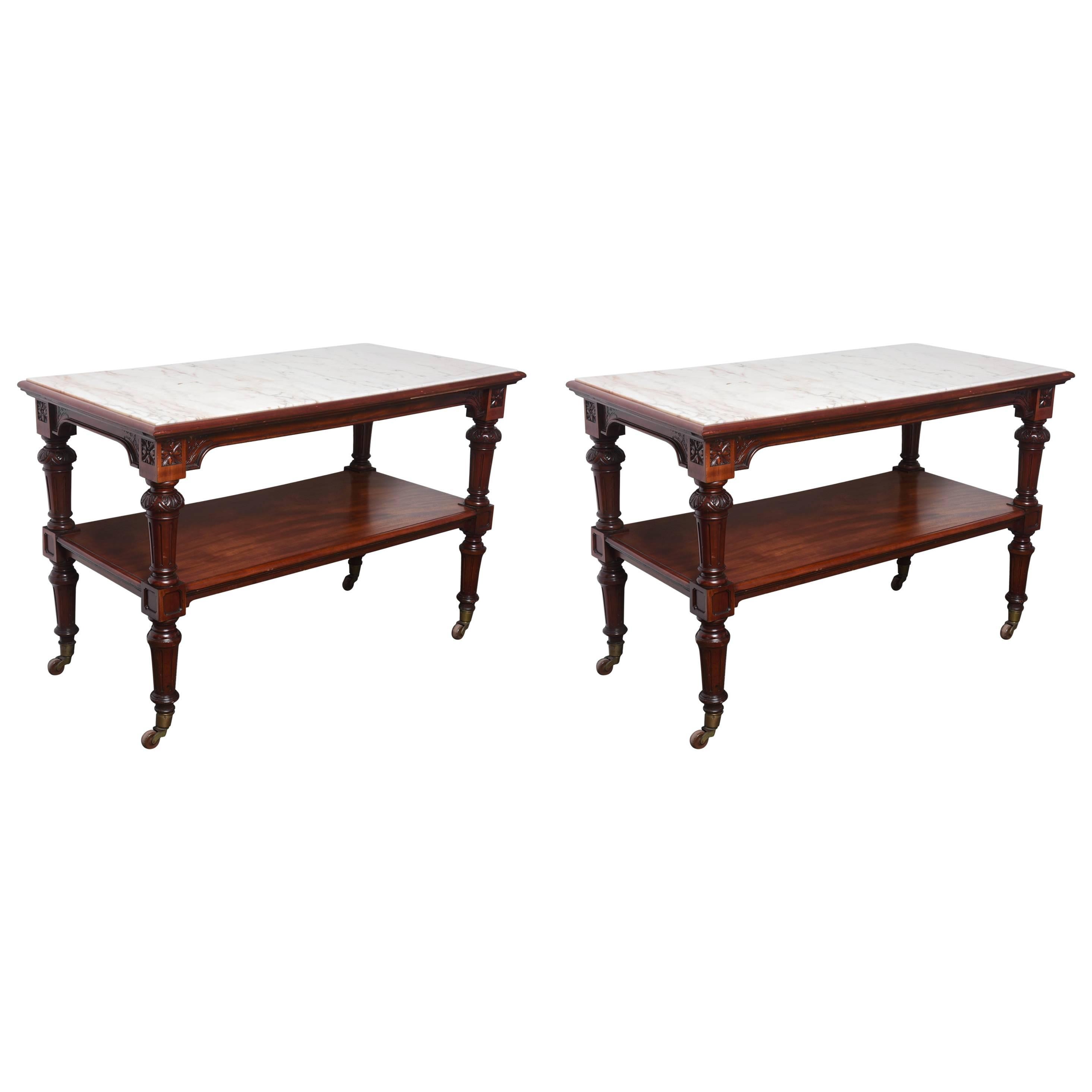 Amazing Pair of 19th Century Marble-Top Carved Mahogany Console Tables