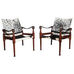 Pair of M. Hayat Bros. Rosewood Safari Chairs with Black and White Horse Hide