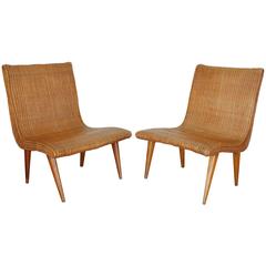 Pair of French Wooden and Rattan Upholstered Chairs