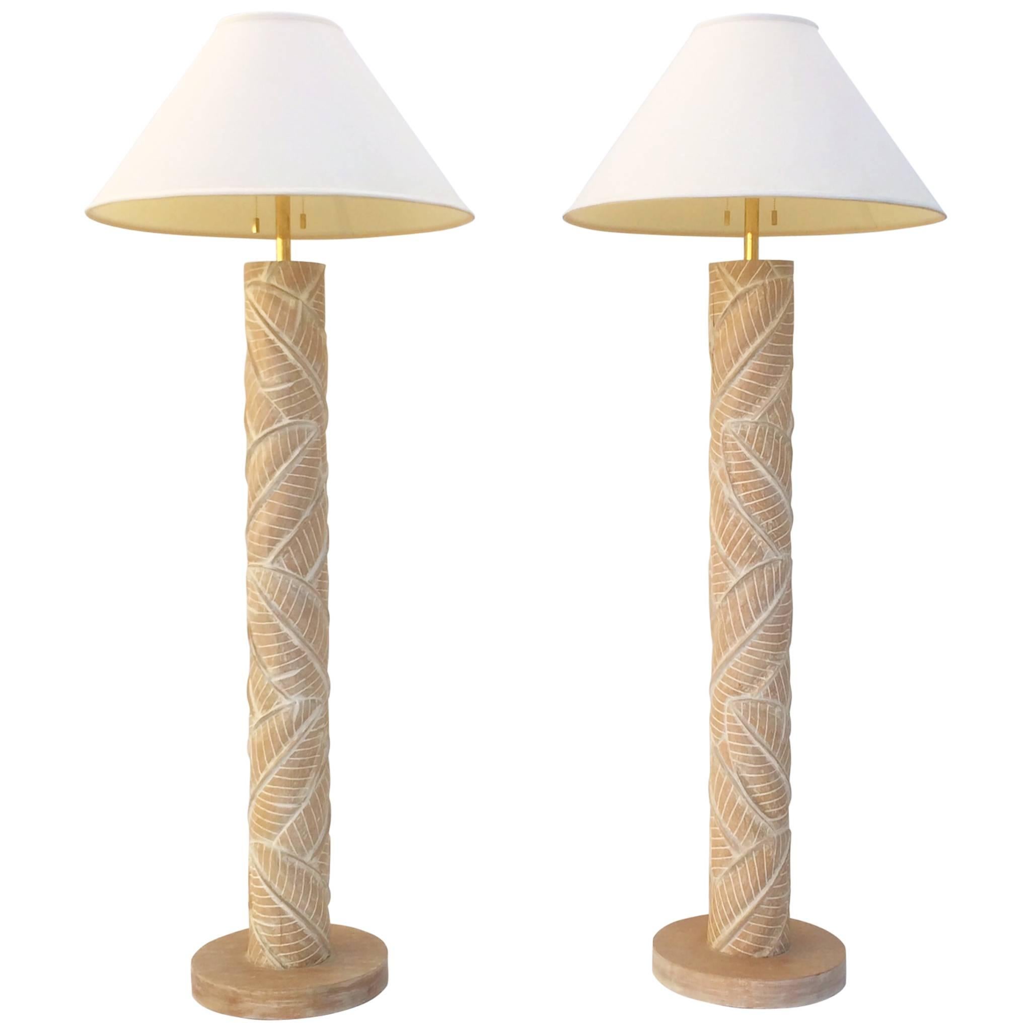 Pair of Carved Wood Floor Lamps