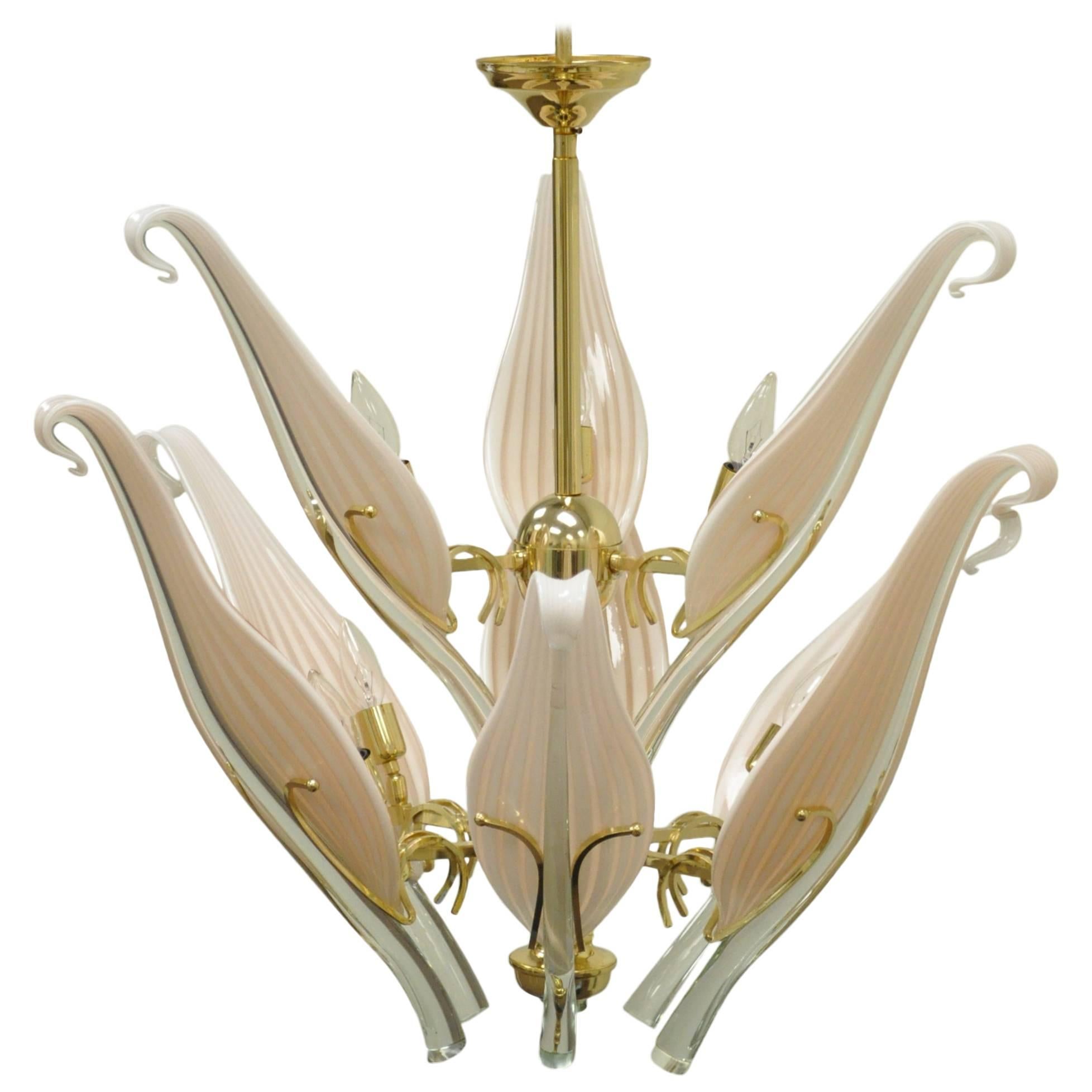 Italian Seguso Murano Two-Tier Pink Glass and Brass Nine Leaf Cattail Chandelier For Sale