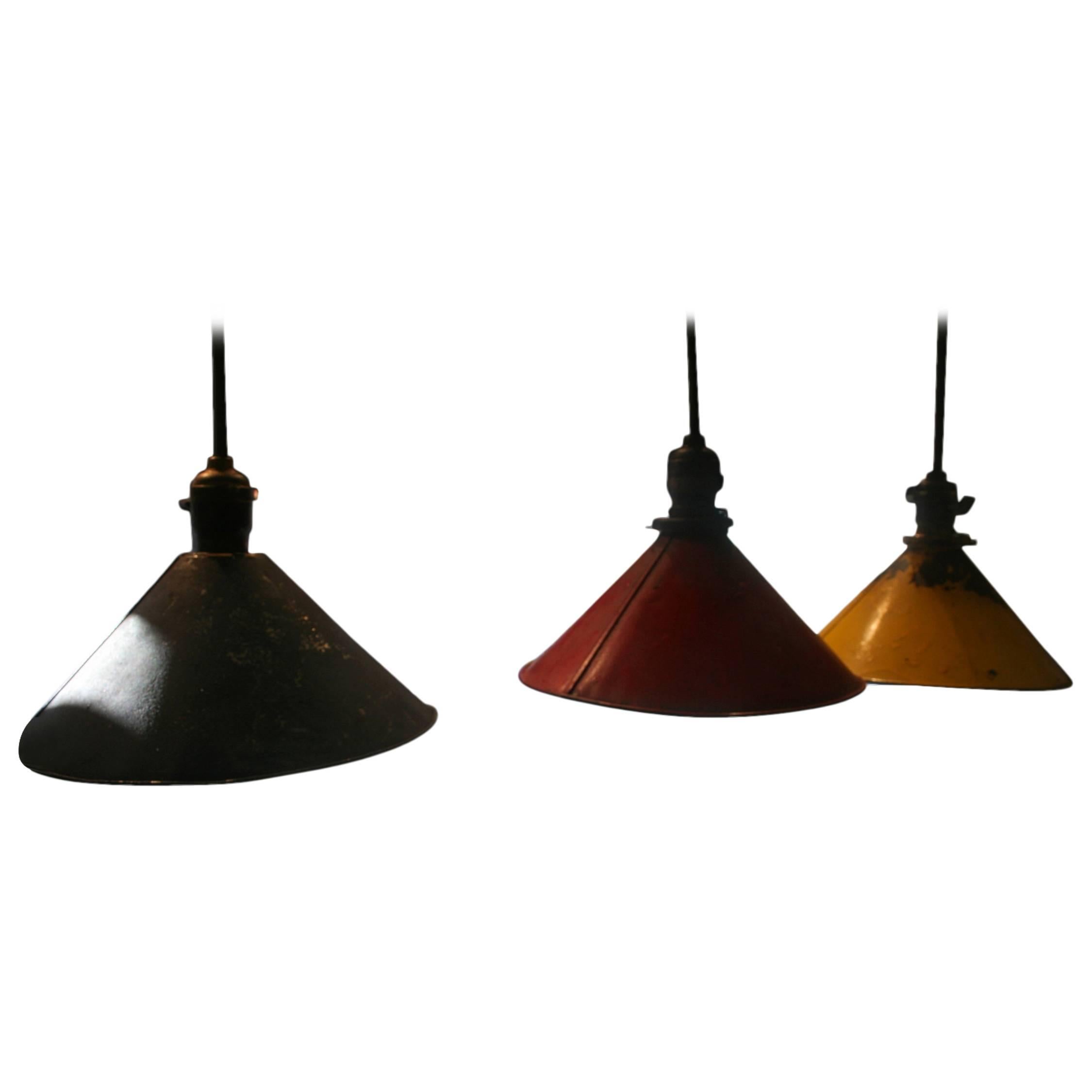 Set of Red Blue Yellow Industrial Pendant Shades For Sale