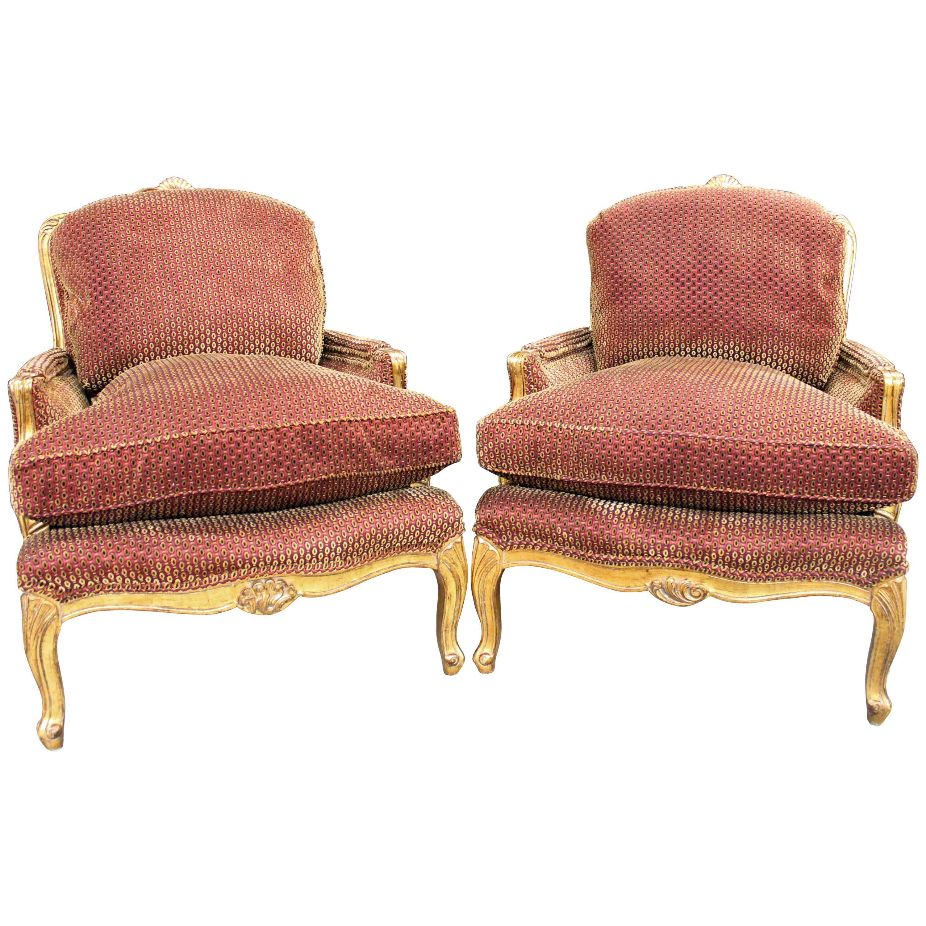 Pair of Gilded French, Louis XV Bergères in a Rich Sculpted Velvet