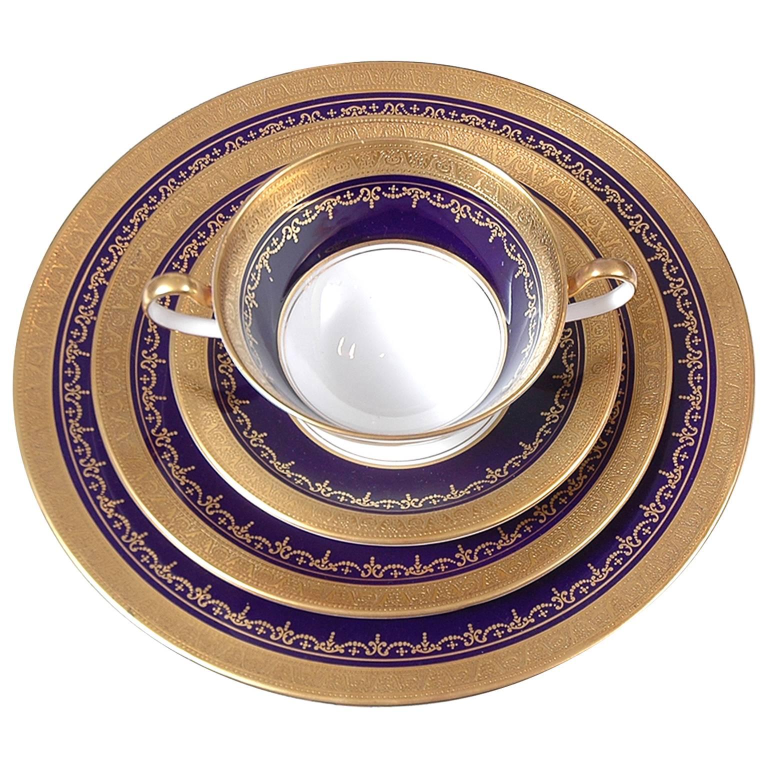 Ansley China, Georgian Cobalt Pattern with Encrusted Gold, Service for 16