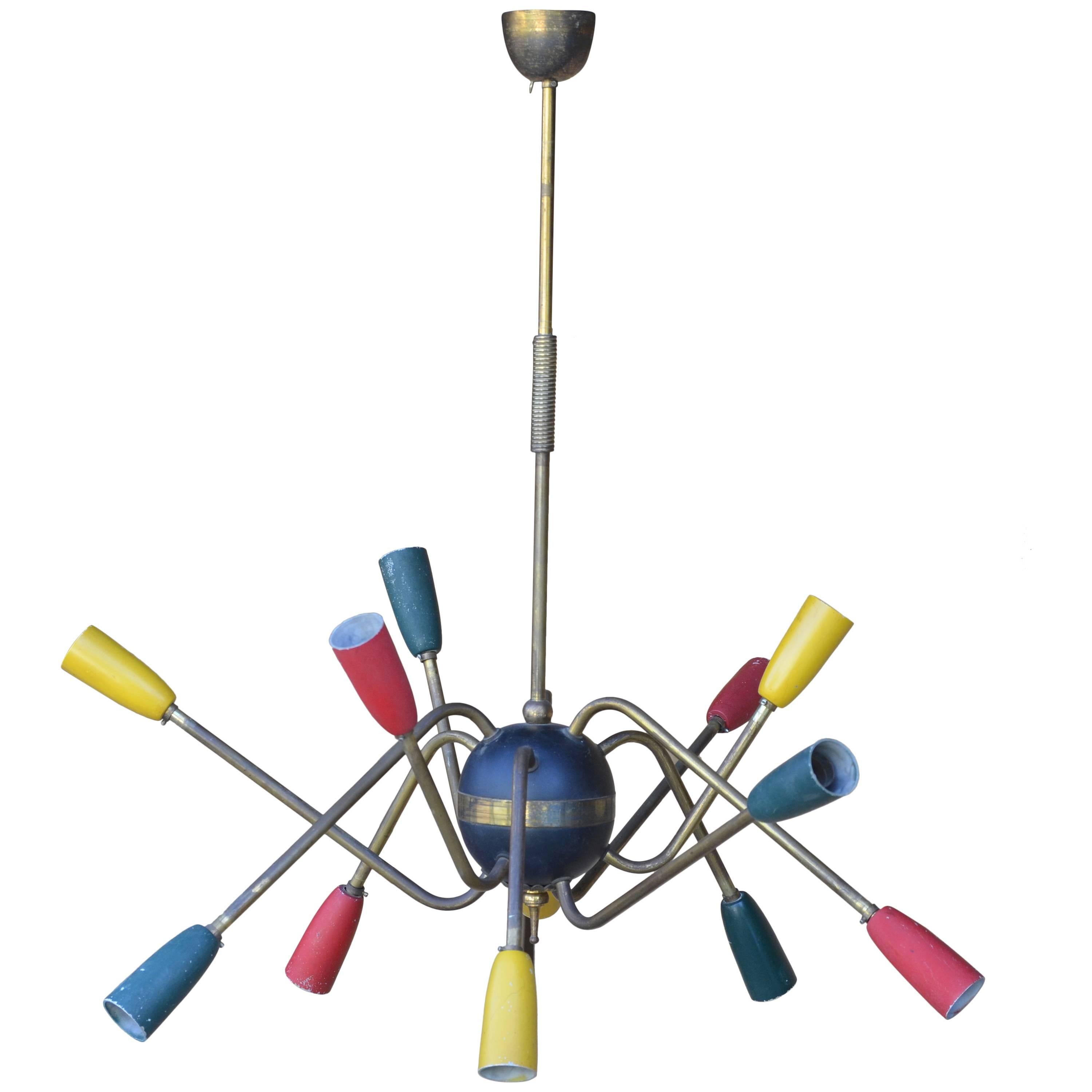 Unusual, French, 1950s Multi-Colored Brass Stem Chandelier