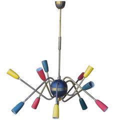 Unusual, French, 1950s Multi-Colored Brass Stem Chandelier 11