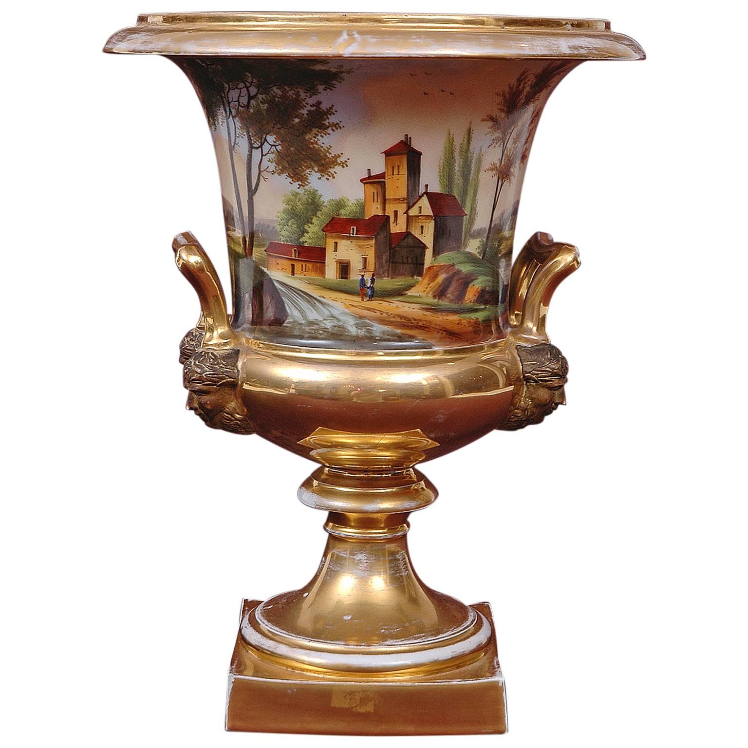 Large Old Paris Porcelain Urn with Romantic Landscape Scenes