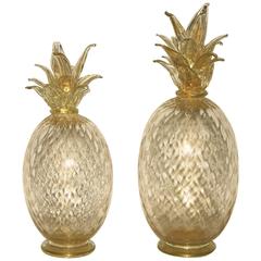 Seguso Italian Scaled Set of Two Gold Pineapples in Blown Murano Glass