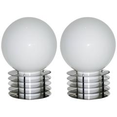 1960s Italian Pair of Modern Double-Lit White Glass and Chrome Round Table Lamps