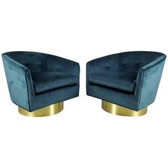 Retro Gorgeous Peacock Velvet Swivel Chairs with Polished Bronze Bases, 1970s