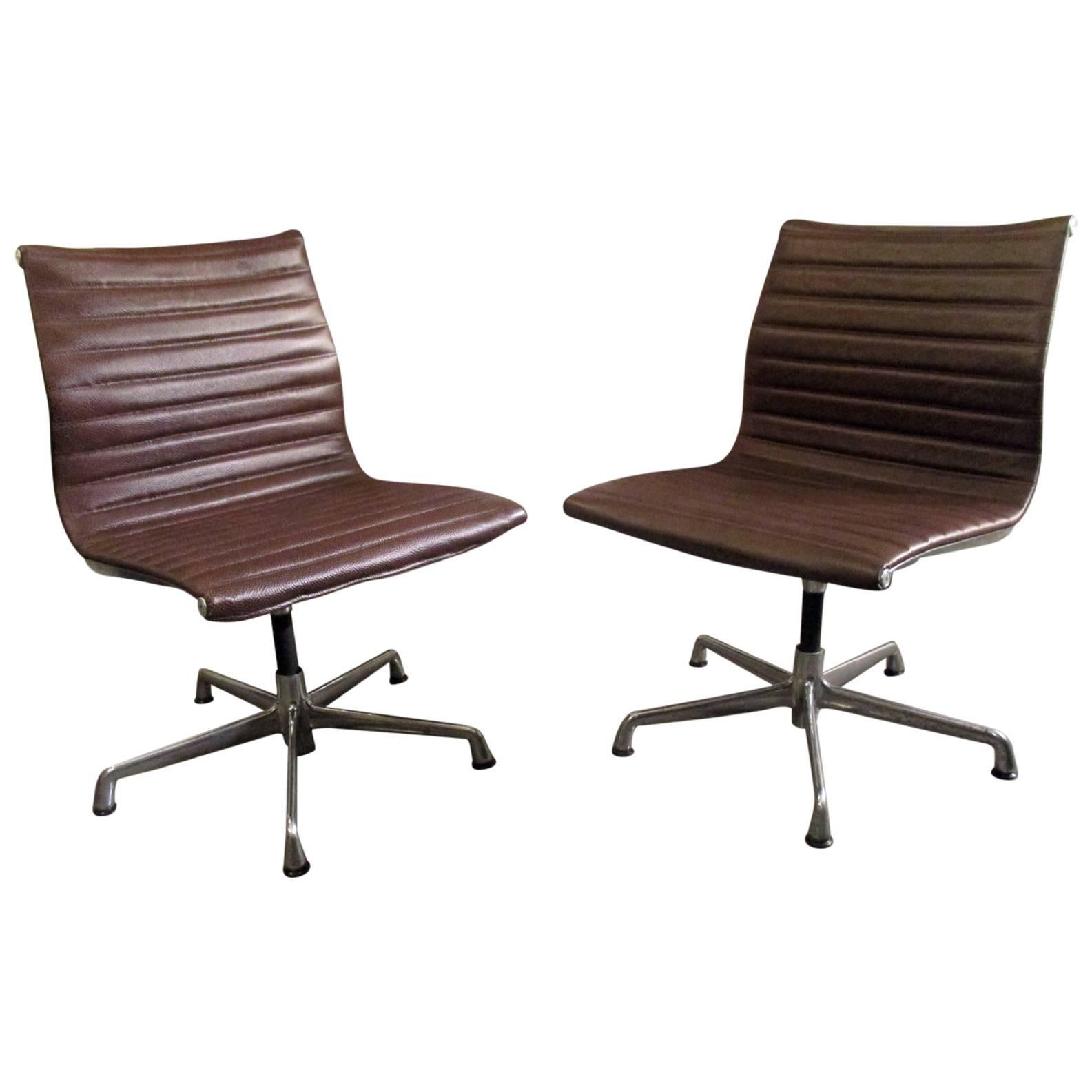 Eames Aluminium Group Armless Chairs for Herman Miller Refurbished with Leather For Sale