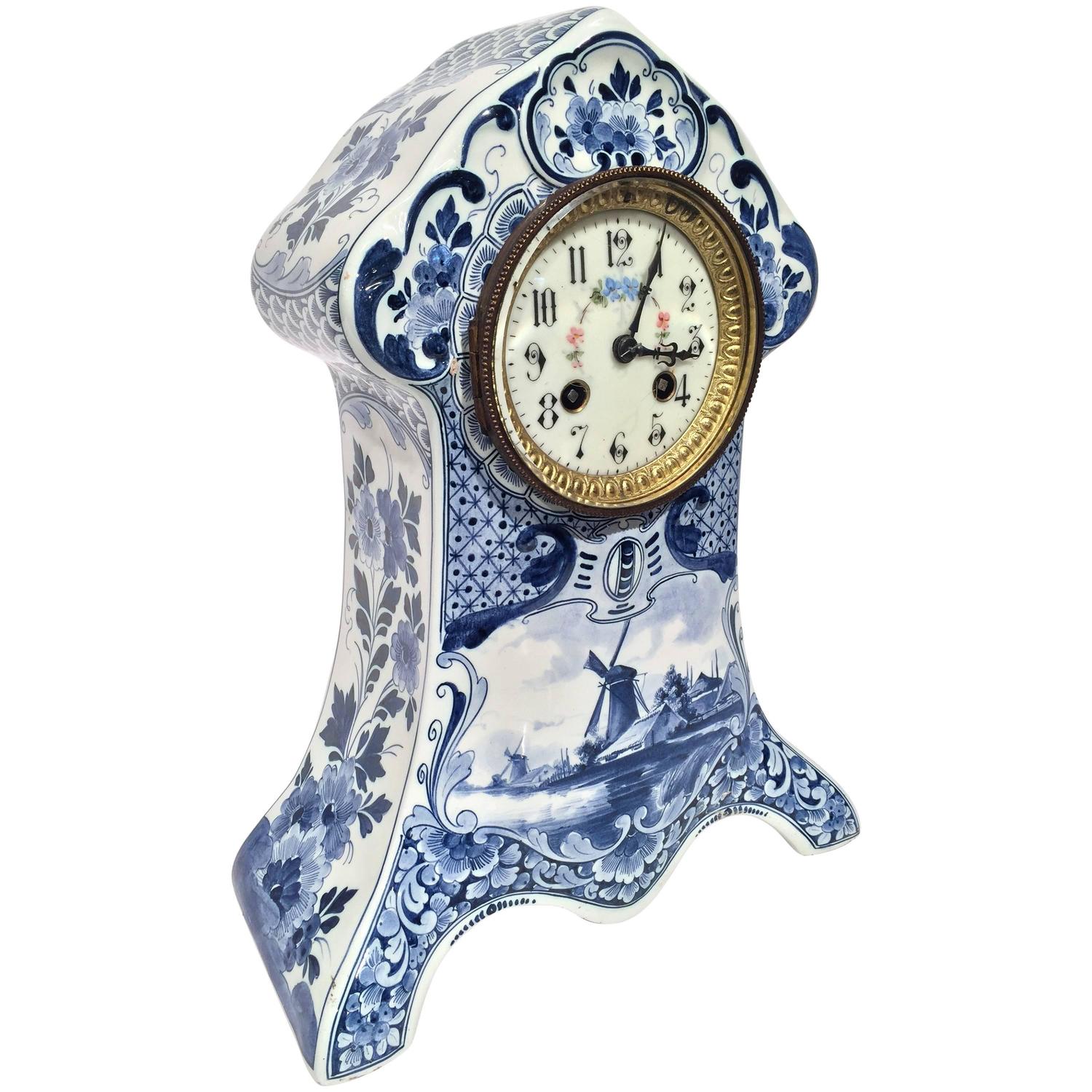 19th Century Blue and White HandPainted Delft Mantel Clock For Sale at 1stdibs