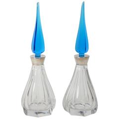 Pair of Art Deco French Crystal and Silver Decanters with Blue Stoppers