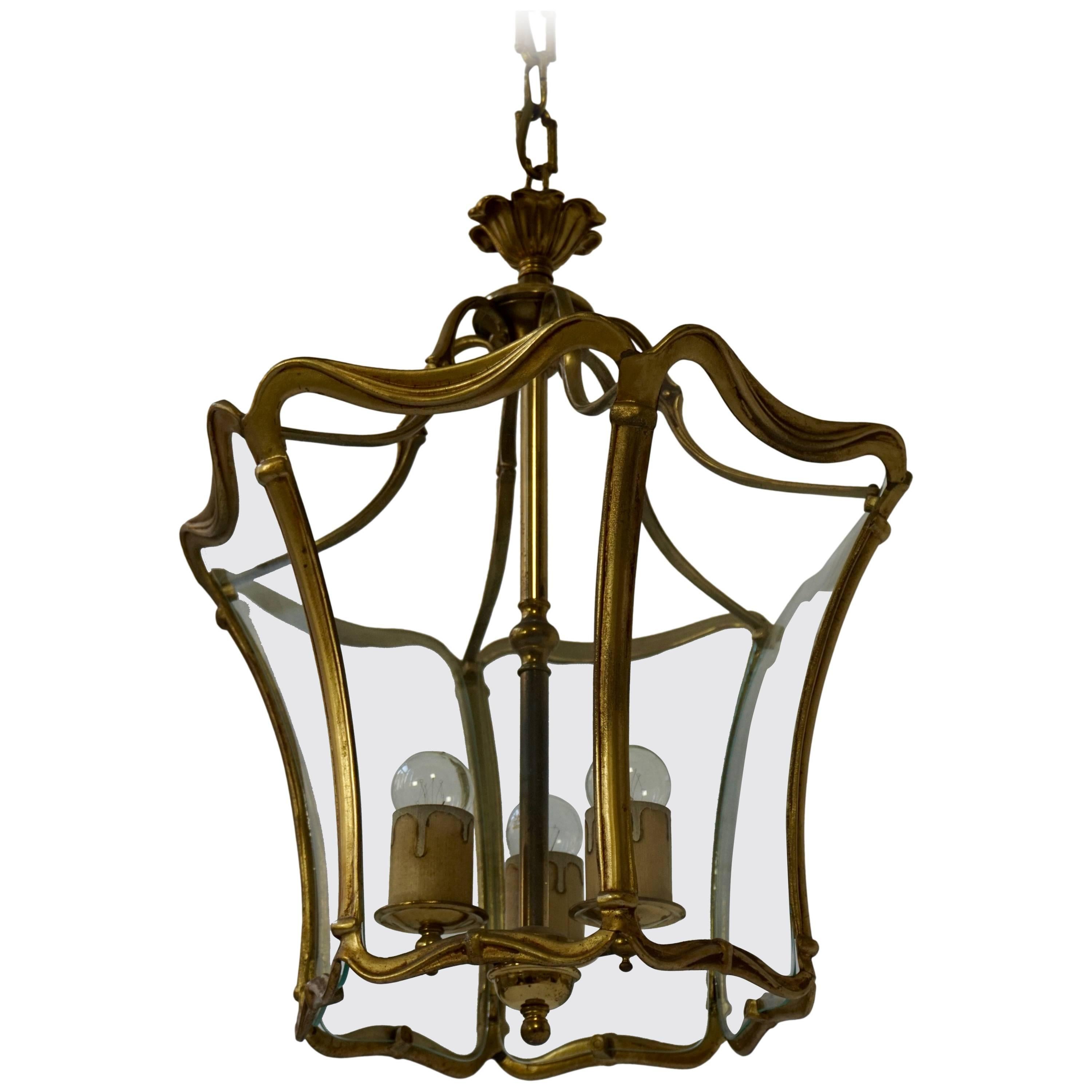 French Art Nouveau Bronze Clear Glass Lantern, Hall Pendant, 1910-1920
