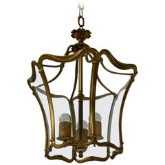 Antique French Art Nouveau Bronze Clear Glass Lantern, Hall Pendant, 1910-1920