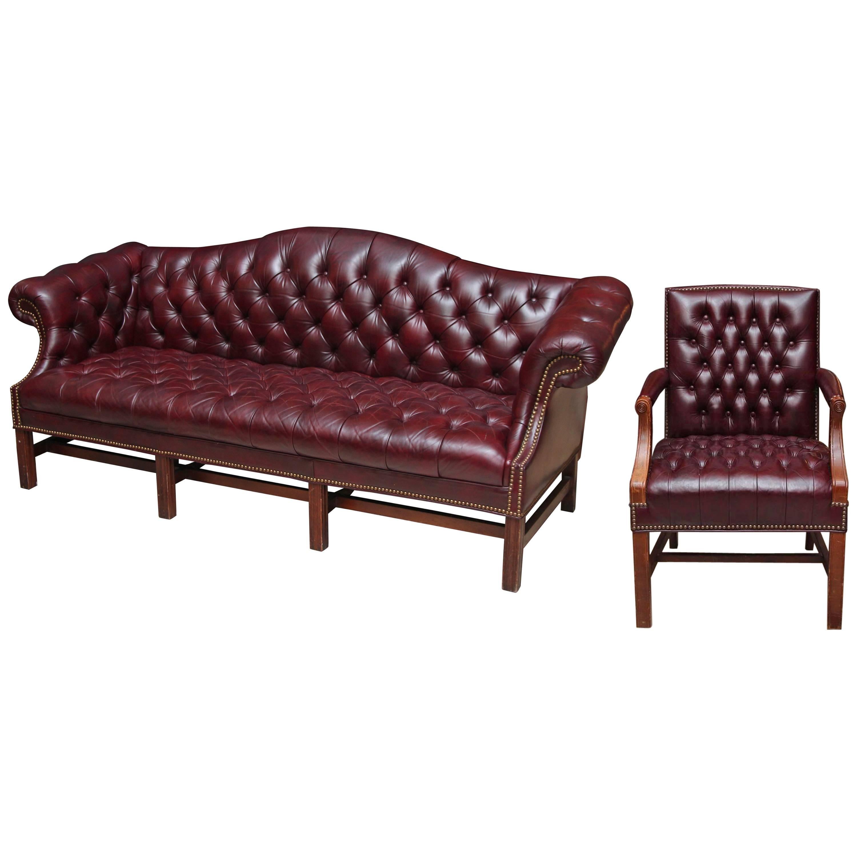 1980s Tufted Burgundy Chesterfield Leather Sofa and Chair Set with Hickory Wood