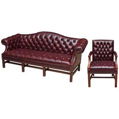 Vintage 1980s Tufted Burgundy Chesterfield Leather Sofa and Chair Set with Hickory Wood