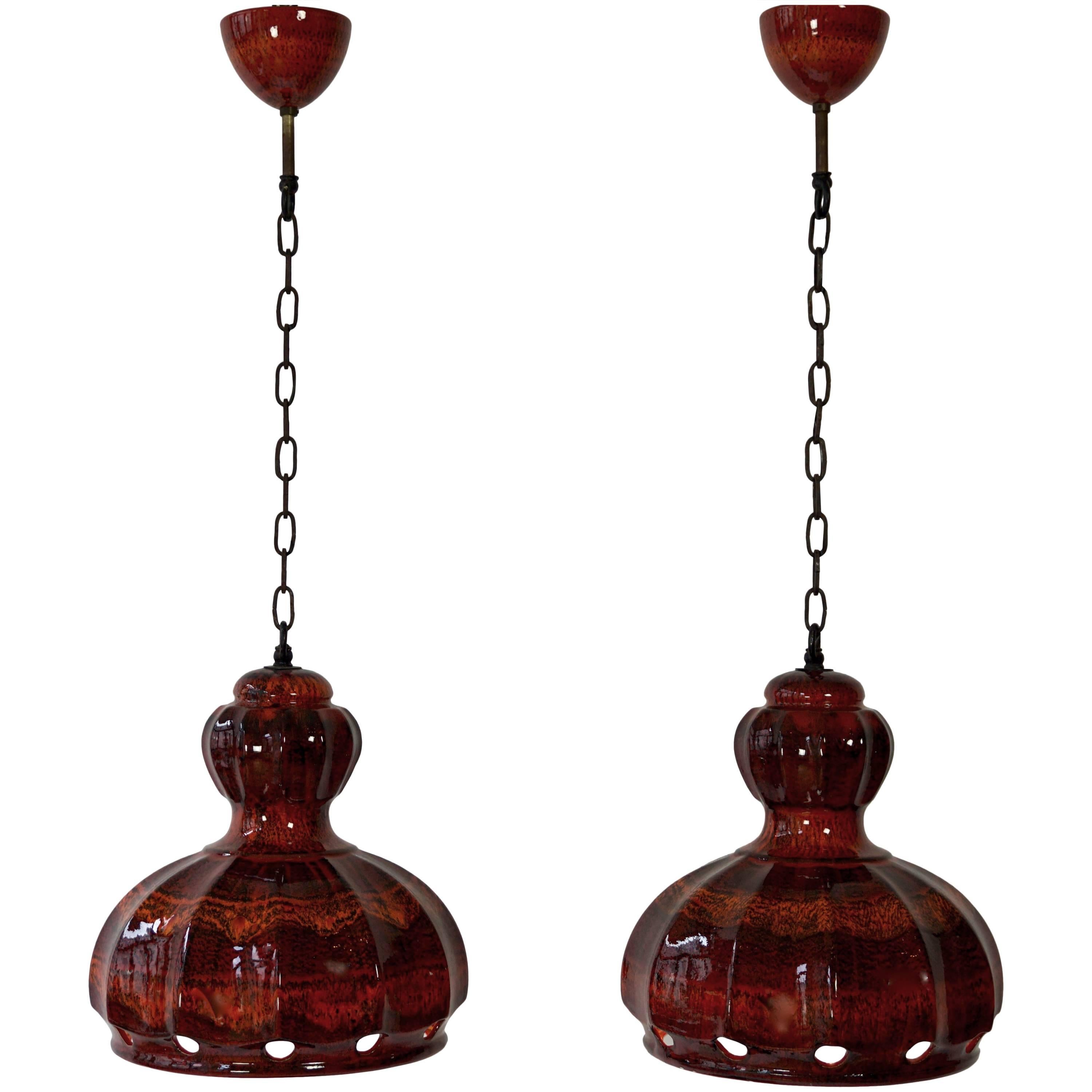 Two Red Ceramic Pendant Lights