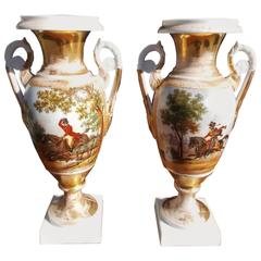 Pair of French Old Paris Painted & Gilt Porcelain Mantel Urns, Circa 1820