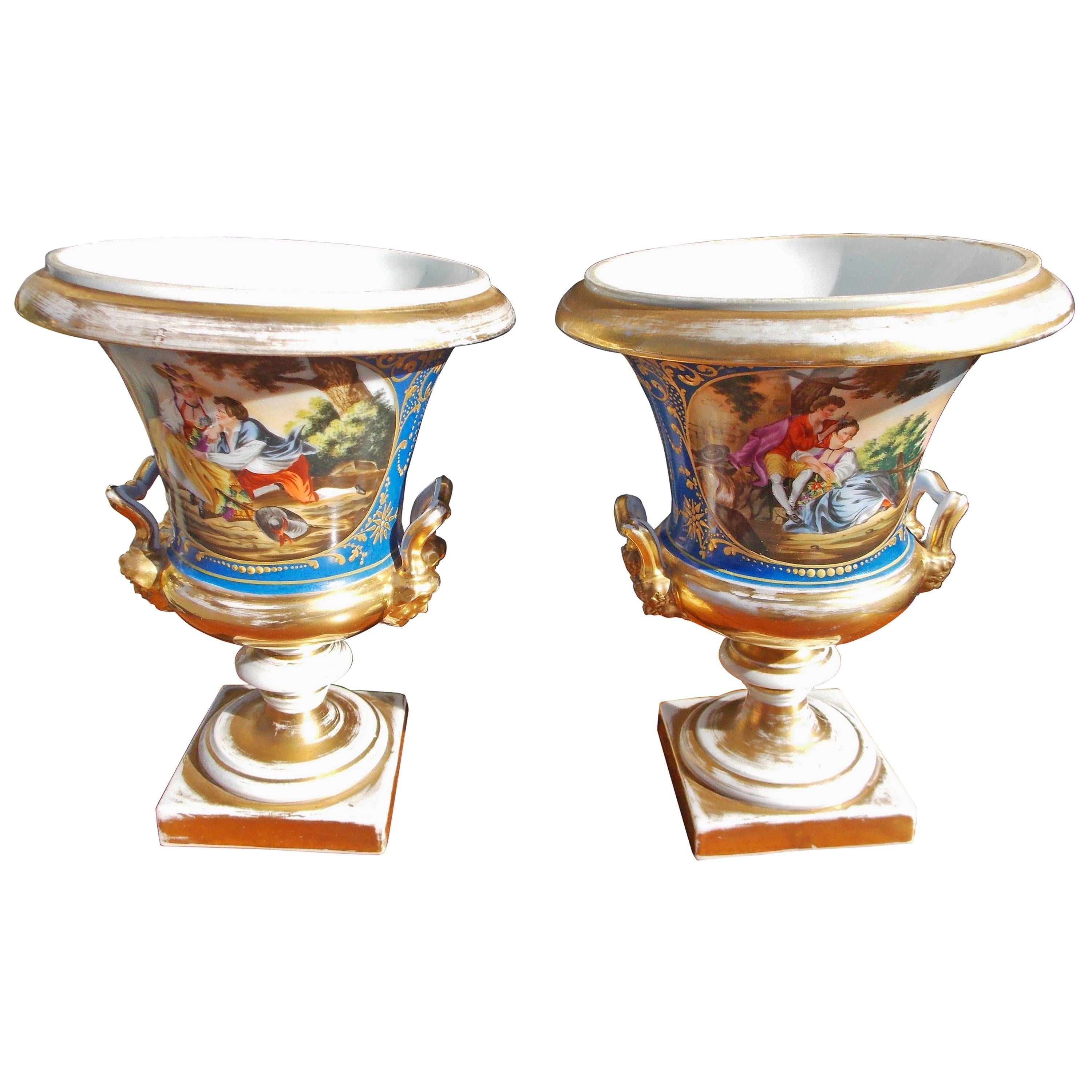  Pair of French Old Paris Gilt & Cobalt Blue Porcelain Mantel Urns, Circa 1820