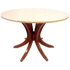 American Mid Century Walnut Sheaf of Wheat Marble Top Dining or Entrance Table