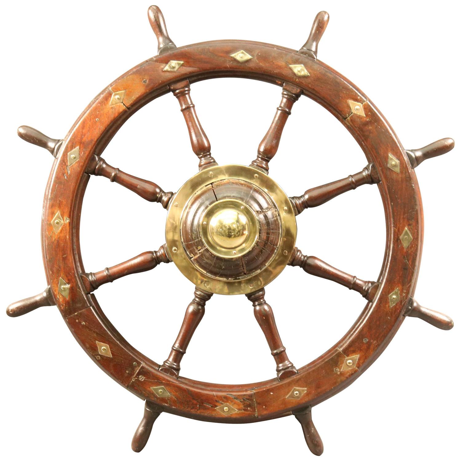Authentic Ship's Wheel with brass diamond inlay For Sale at 1stdibs