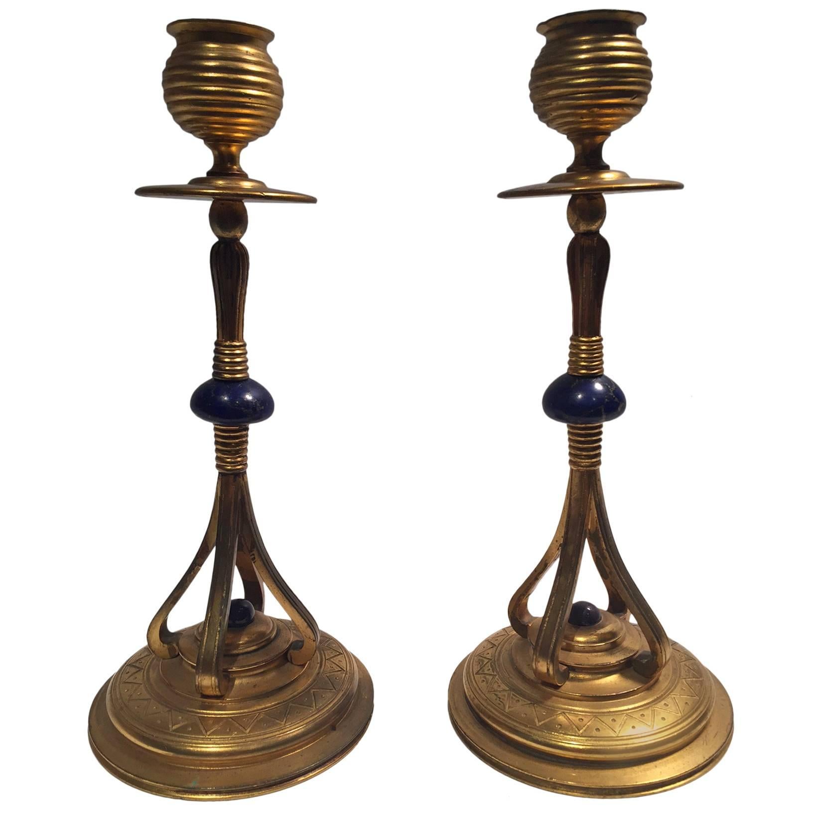 1890s Pair of Rare Art Nouveau French Bronze Gilded and Lapis Candlesticks