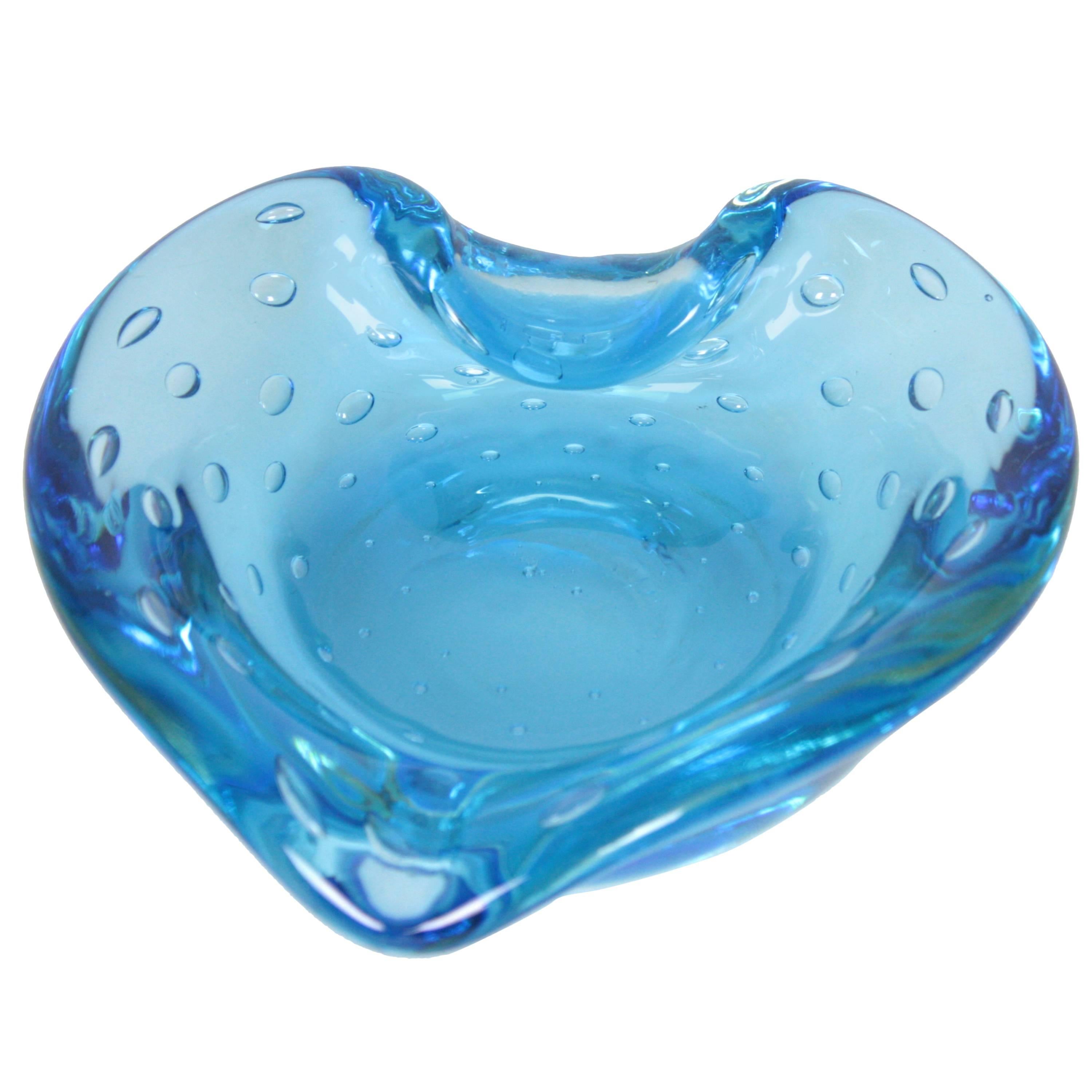 Controlled Bubbles Translucid Sky Blue Murano Glass Heart Bowl or Ashtray