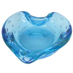 Controlled Bubbles Translucid Sky Blue Murano Glass Heart Bowl or Ashtray