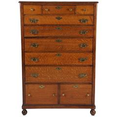 Early American Gentlemans Tall Chest of Drawers in Oak and Brass