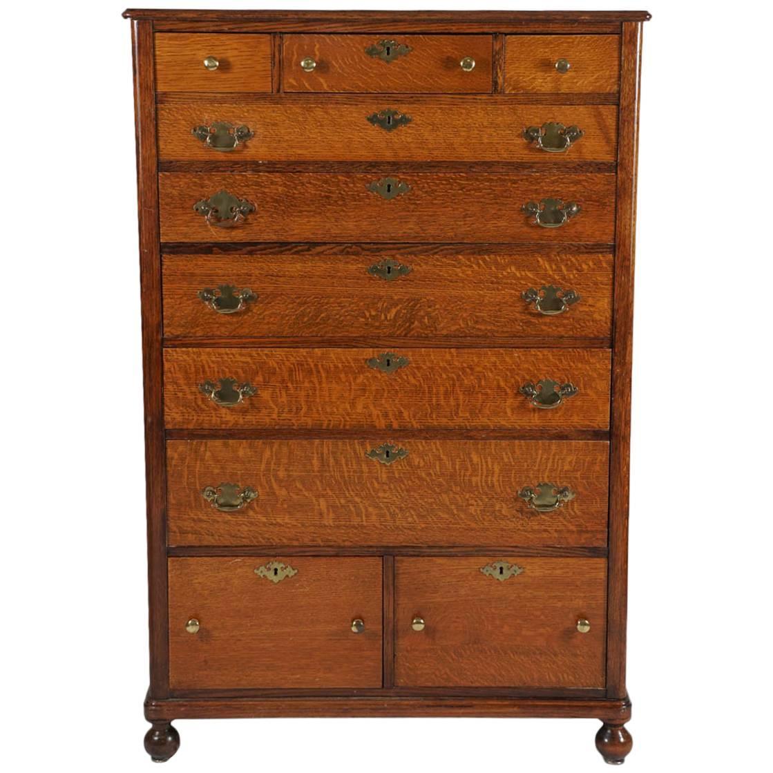 Early American Gentlemans Tall Chest of Drawers in Oak and Brass at 1stdibs