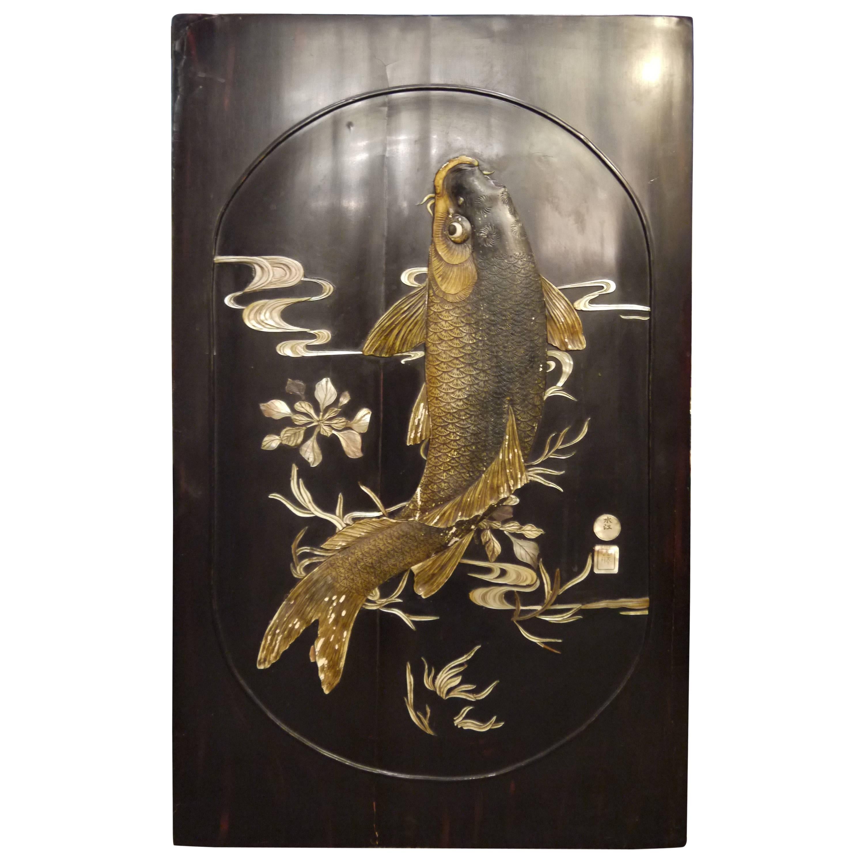 Antique Japanese Panel with Carp For Sale