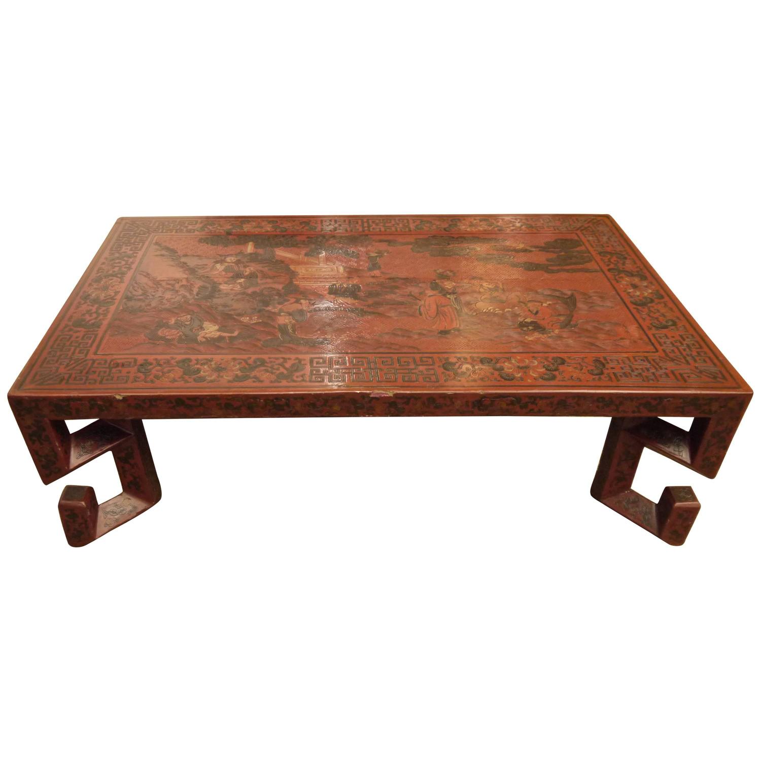 Red Chinese Lacquer Table with Geometric Legs For Sale at 1stdibs