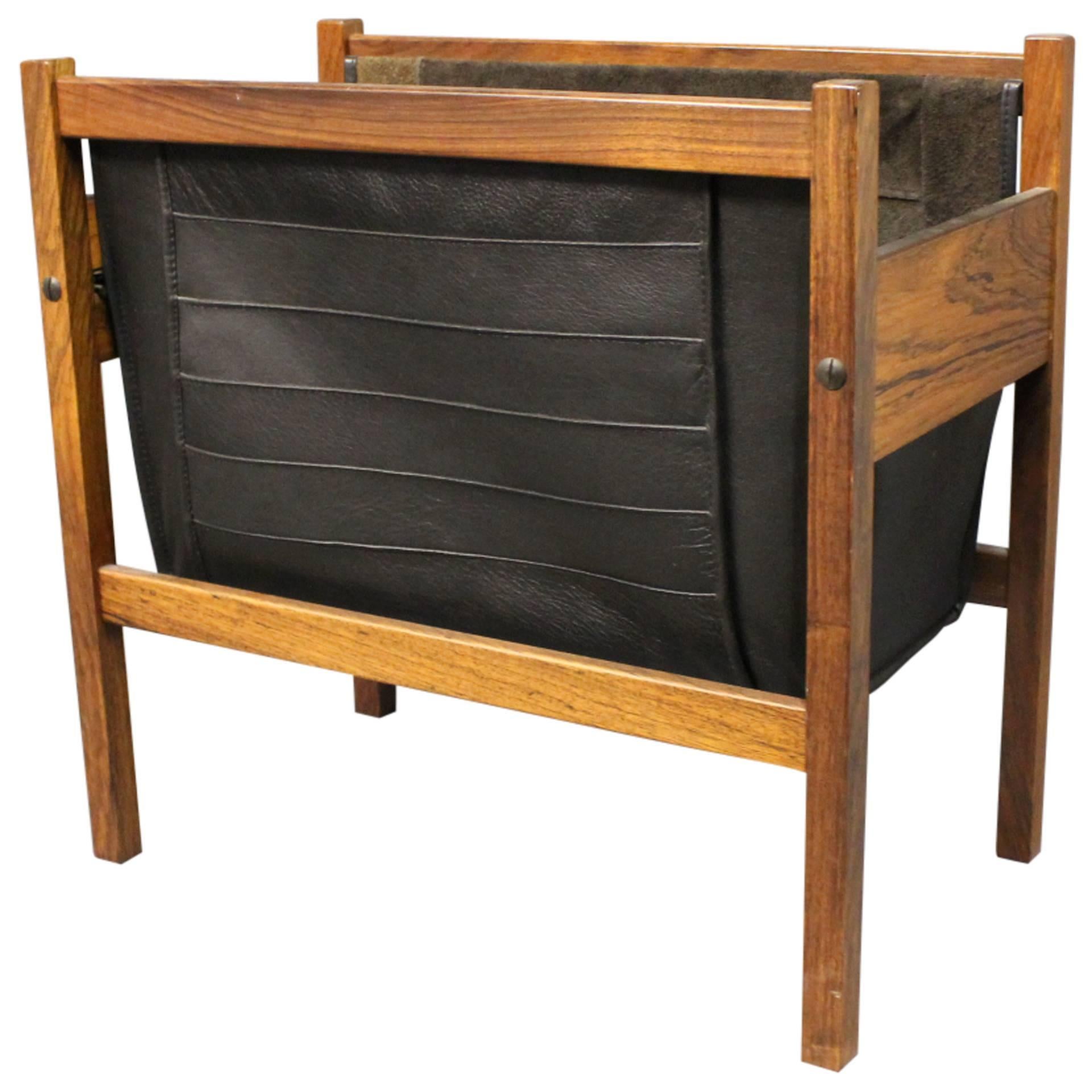 Newspaper Holder in Rosewood and Black Leather, 1960s
