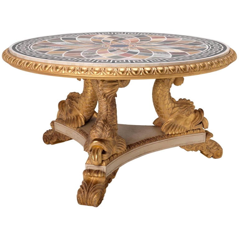 Classical Regency Center Table with Triple Gilt Carved Dolphin Base Classical Regency Center Table with Triple Gilt Carved Dolphin Base