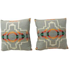 Pair of American Indian Pattern Blanket Pillows in Grey