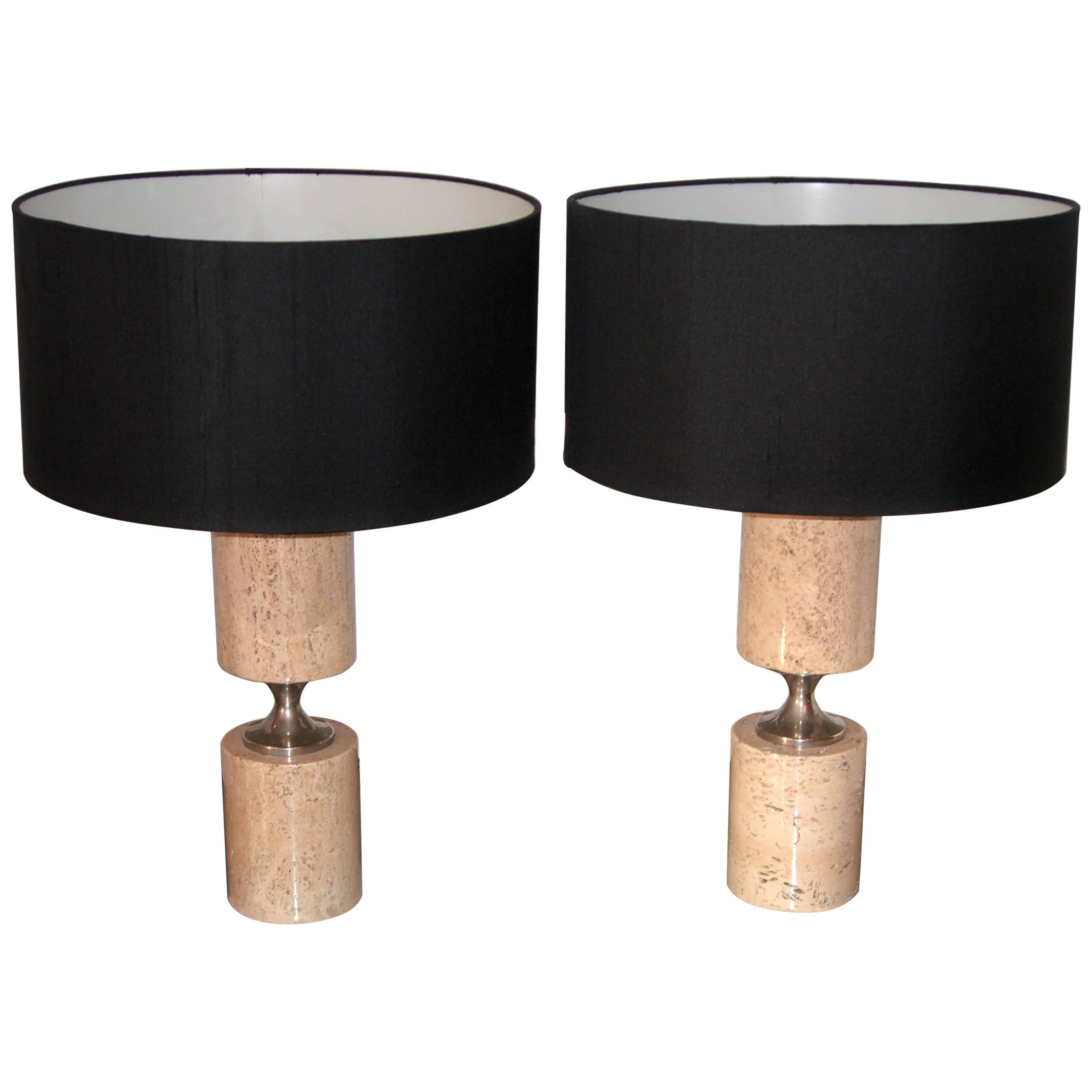 Pair of Travertine and Nickel Table Lamps Attributed to Maison Barbier For Sale