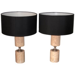 Pair of Travertine and Nickel Table Lamps Attributed to Maison Barbier