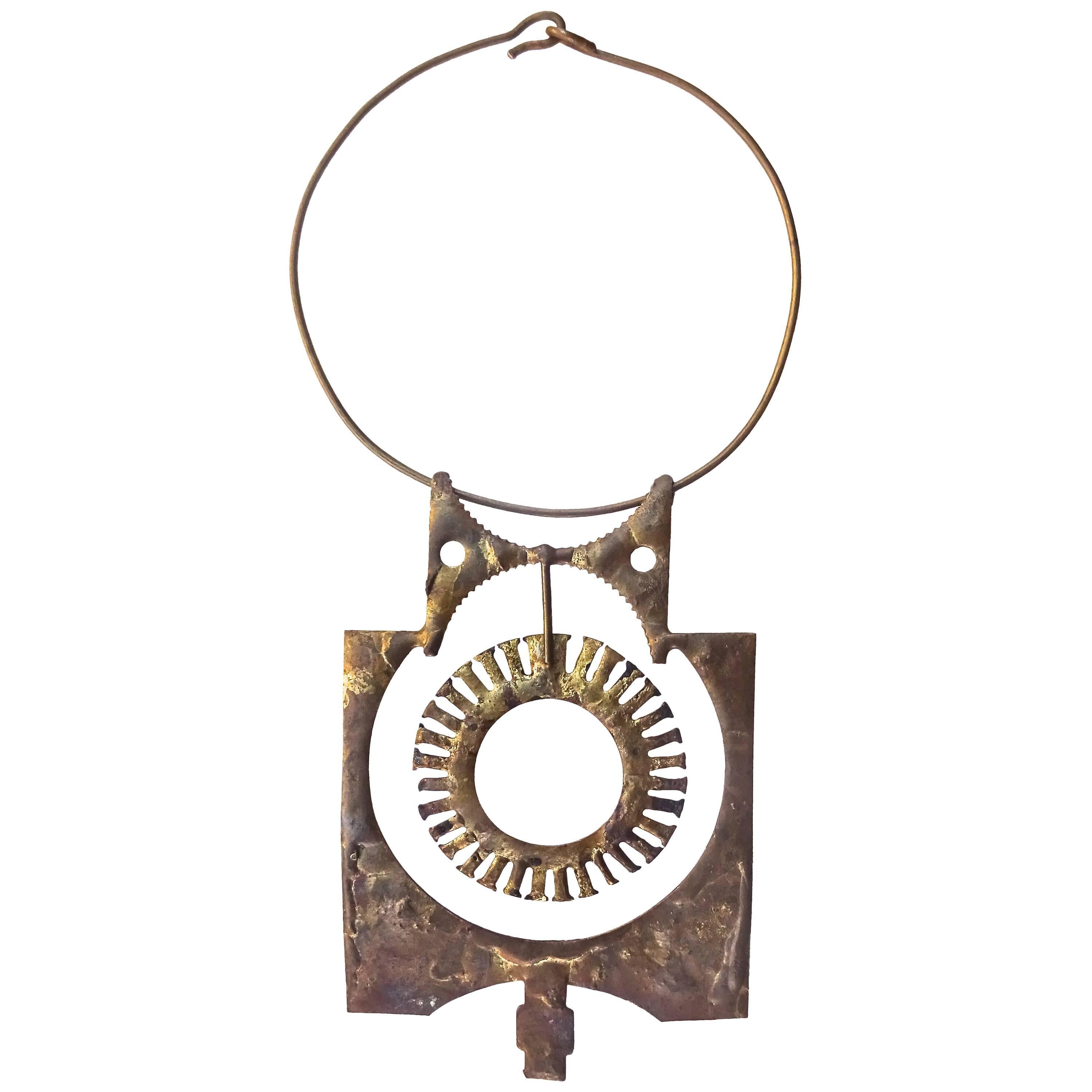 Large Brutalist Hand-Wrought Studio Brass Pendant, 1970s For Sale